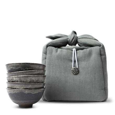 Coffret de 5 bols à thé Yoshi En, pièces noires, sac de protection gris