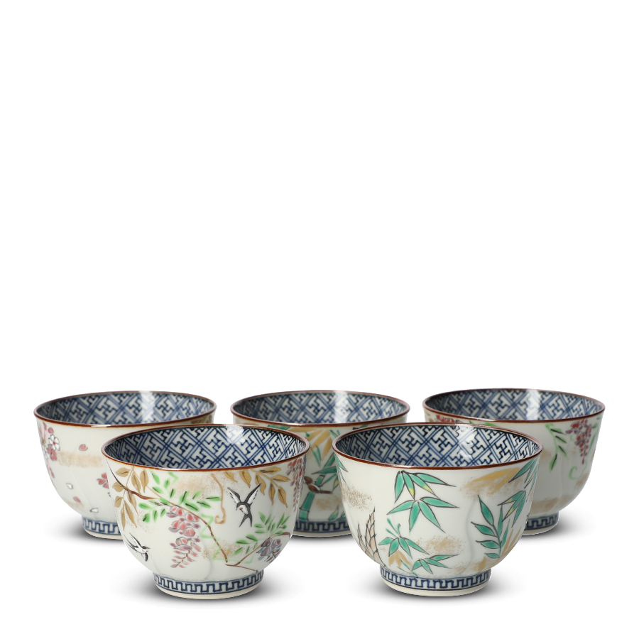 Coffret de 5 tasses à thé japonaises Irodorikachō en porcelaine