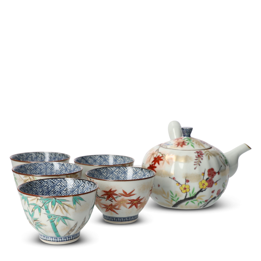 Service à thé japonais en porcelaine avec 5 tasses et Kyusu Irodorikachō Service à thé japonais en porcelaine avec 5 tasses et Kyusu Irodorikachō