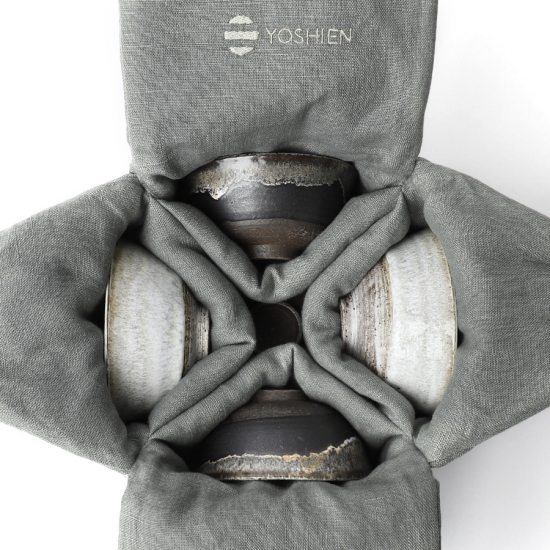 Yoshi En, coffret de 5 bols à thé, pièces noires et blanches, sac de protection gris