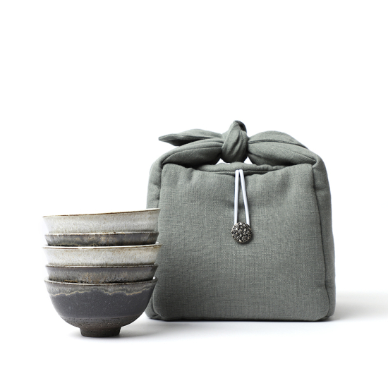 Yoshi En, coffret de 5 bols à thé, pièces blanches et noires, sac de protection clair